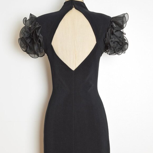 vintage 80s party dress black heart cutout backless party short prom ruffle M - Picture 9 of 11